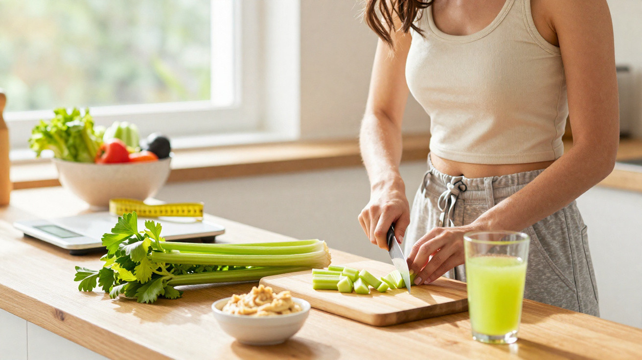 Mulher a cortar aipo numa tábua numa cozinha, com bebida verde e vegetais ao fundo.