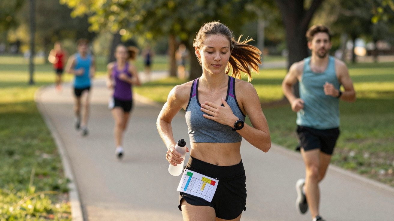 Mulher a correr com garrafa de água em corrida ao ar livre, com várias pessoas ao fundo num parque.