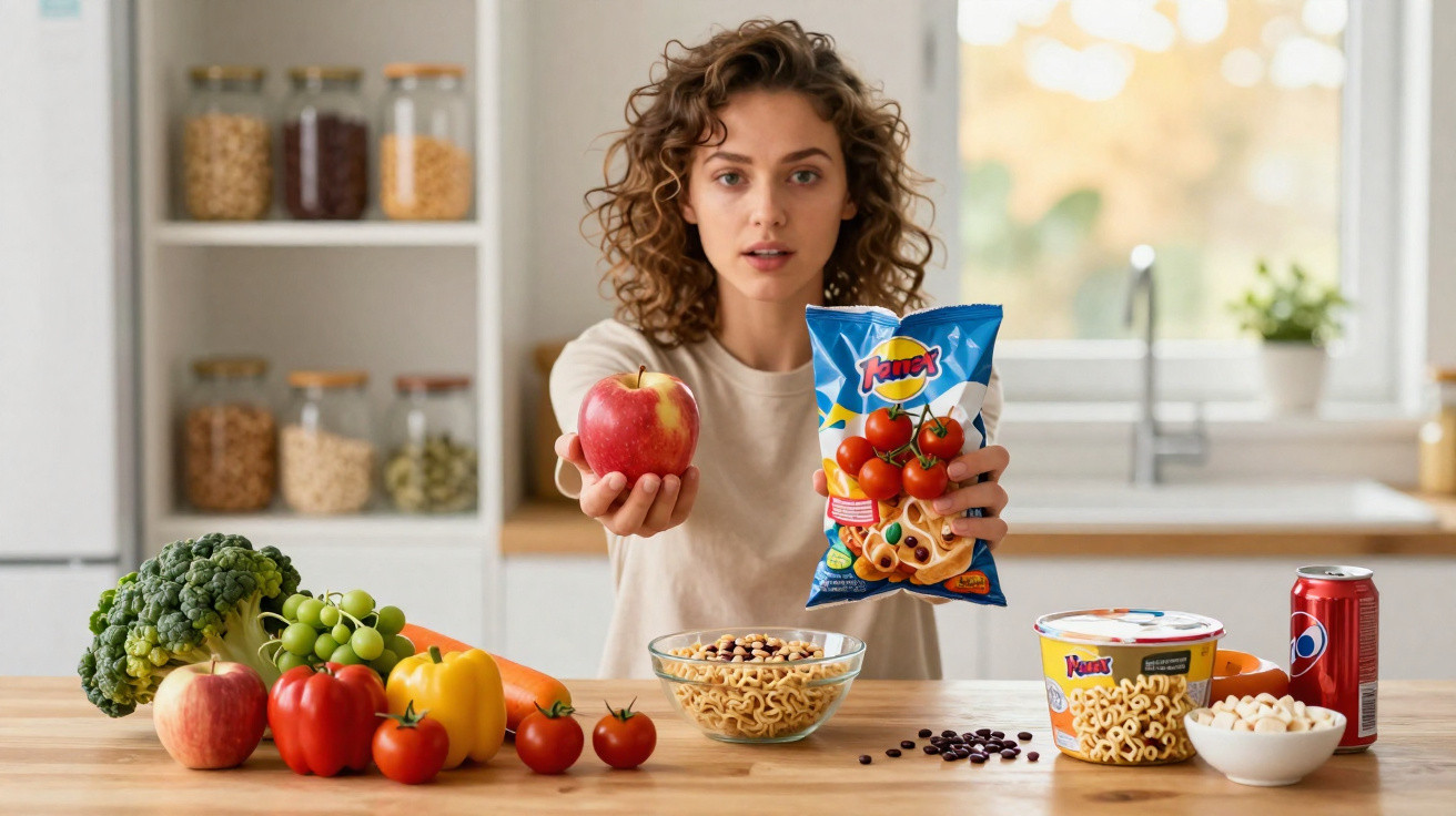 Mulher numa cozinha a mostrar uma maçã na mão esquerda e um pacote de snacks na mão direita, com legumes e snacks à frente.