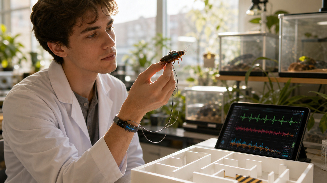 Cientista em laboratório a observar um inseto equipado com sensores perto de um ecrã com gráficos de dados.