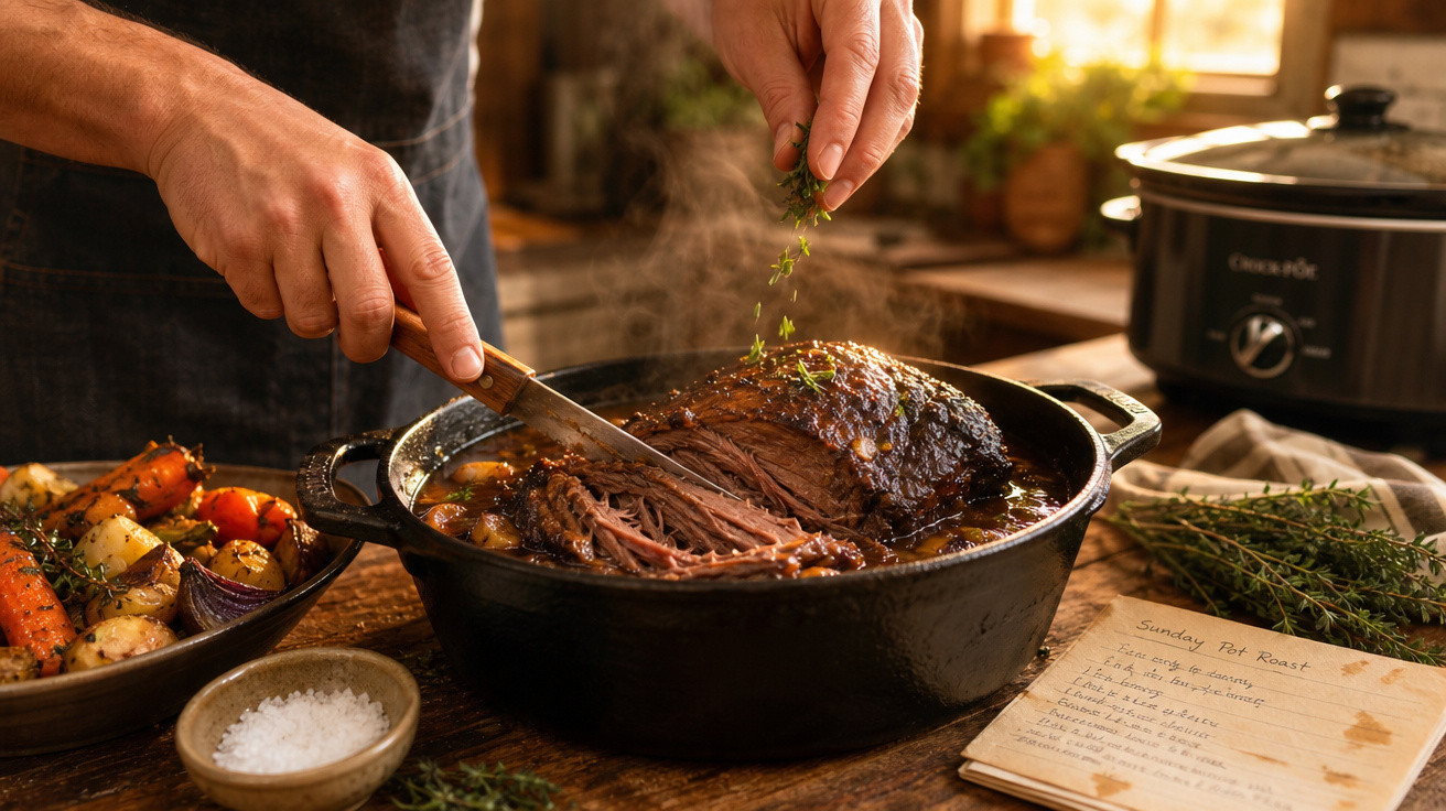 Mão a temperar carne assada suculenta numa panela com tomate e ervas num ambiente de cozinha rústica.