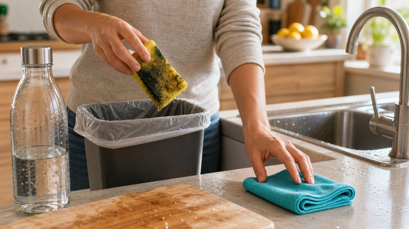 Pessoa a limpar a cozinha, deitando esponja suja no lixo e a limpar bancada com pano azul.