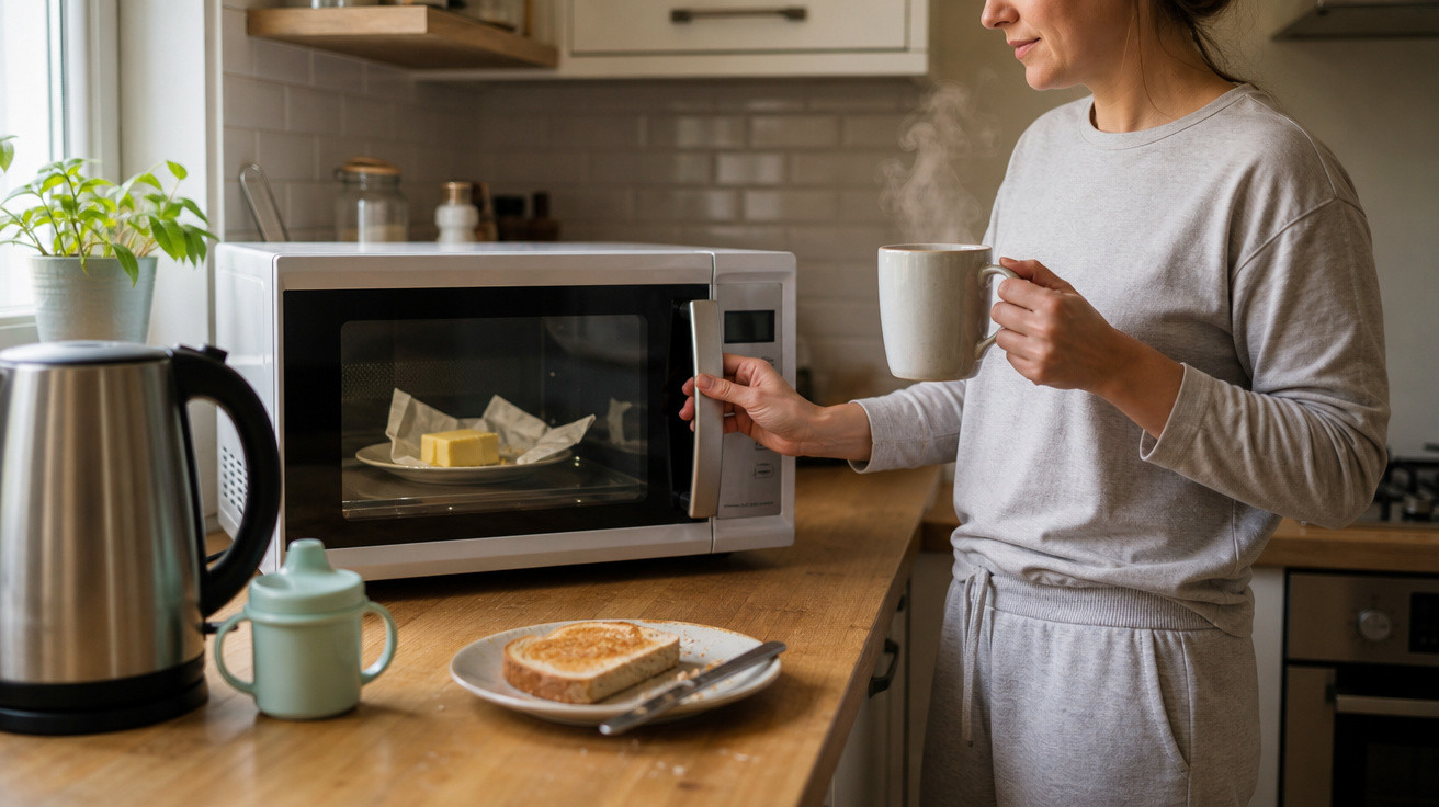 Mulher a aquecer manteiga no micro-ondas enquanto segura uma chávena na cozinha.