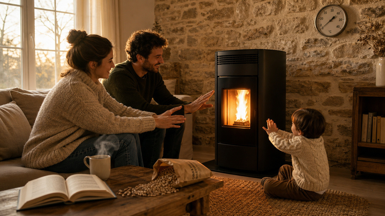Família sentada junto à lareira a aquecer as mãos numa sala acolhedora com luz natural.