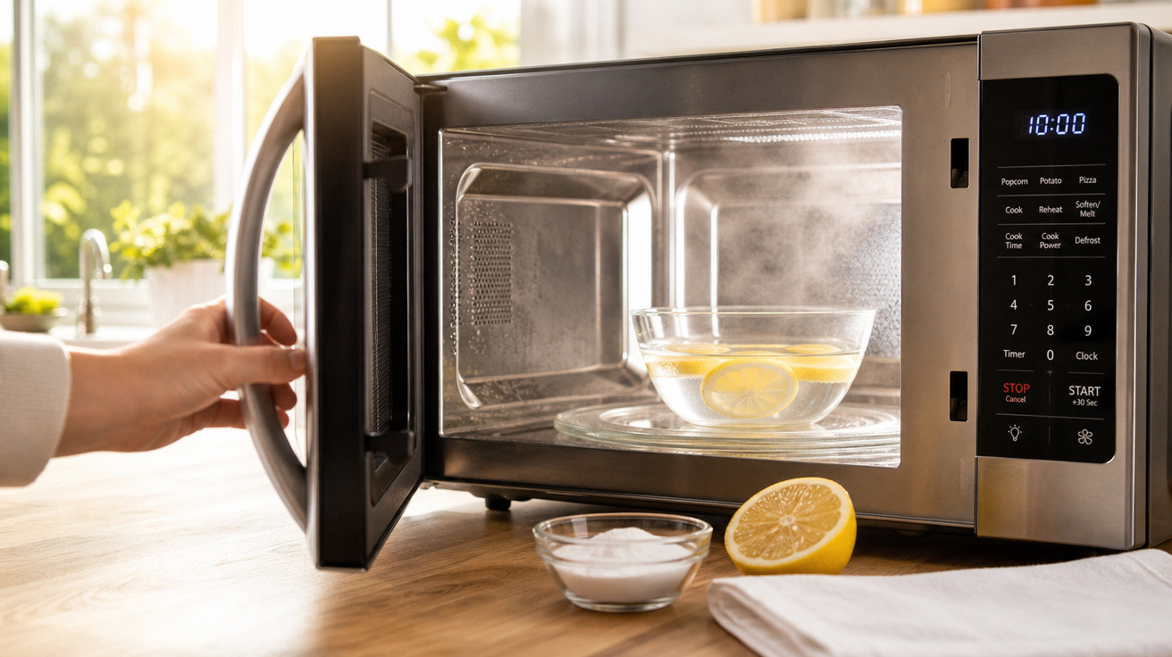 Máquina de micro-ondas aberta com tigela de vidro com água e limão no interior, ao lado de limão cortado e sal.