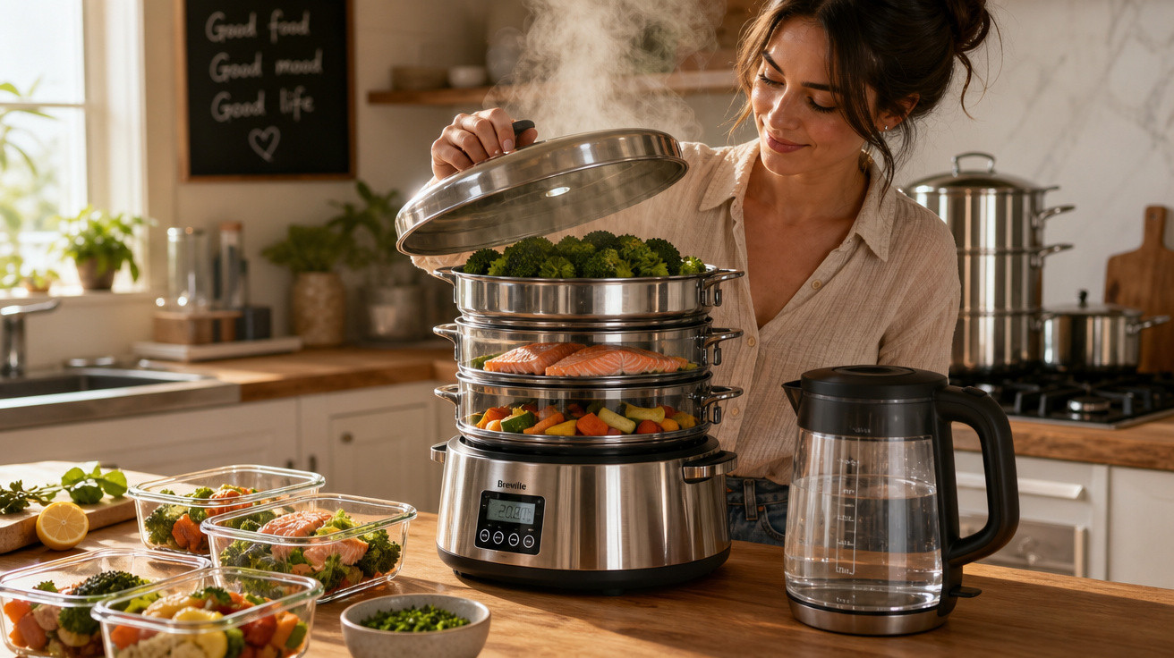 Mulher a cozinhar legumes e salmão a vapor numa cozinha moderna, com recipientes de comida ao lado.