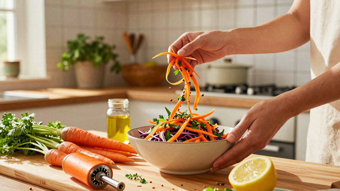 Pessoa a preparar salada com cenoura, salsa e legumes frescos numa cozinha luminosa.