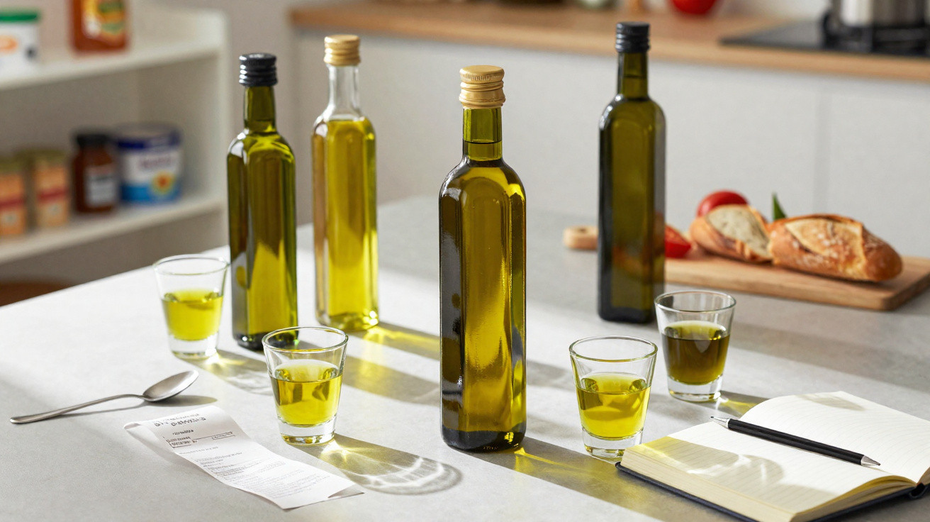 Garrafas e copos com azeite numa bancada de cozinha com caderno aberto e talheres.