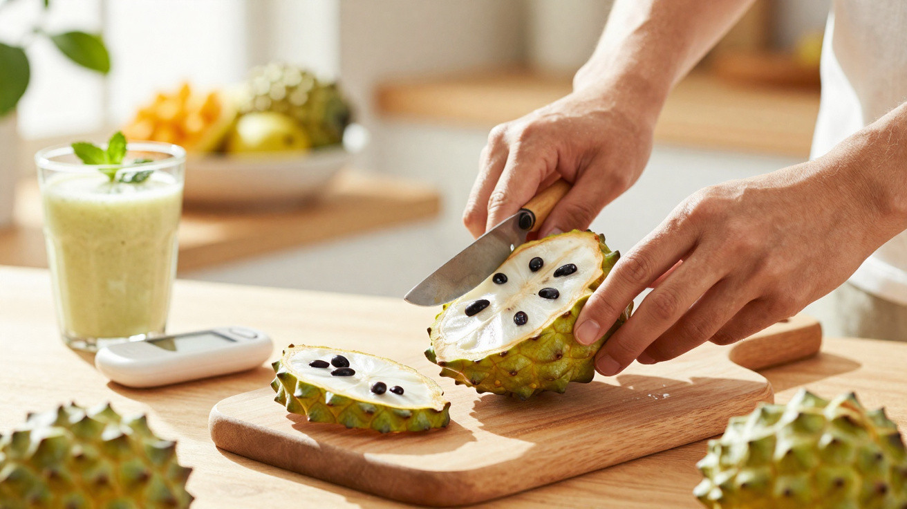 Pessoa a cortar fruta exótica com polpa branca e bagos pretos numa tábua de cozinha.