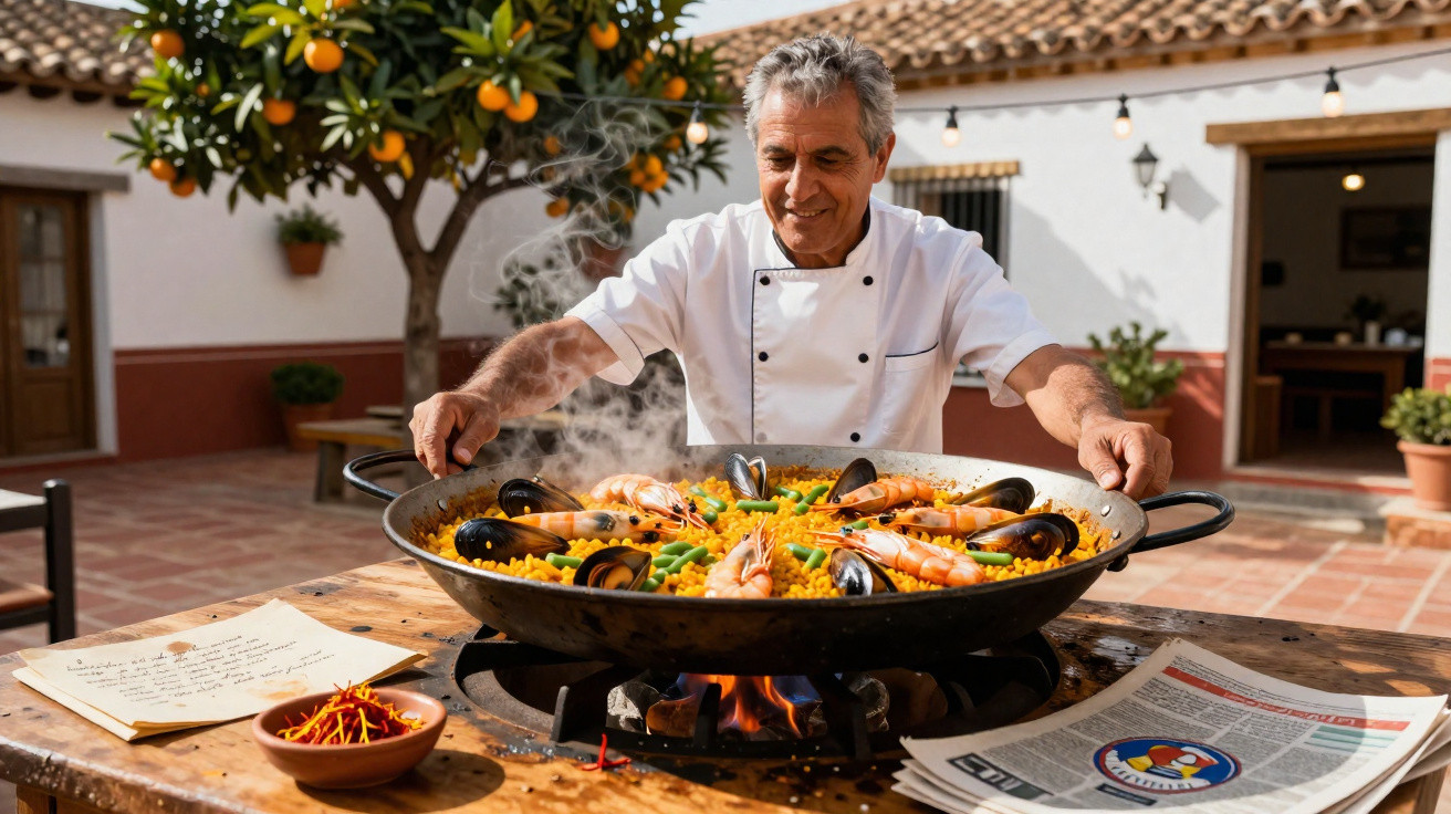 Chef a cozinhar paelha com marisco numa cozinha ao ar livre junto a uma laranjeira.