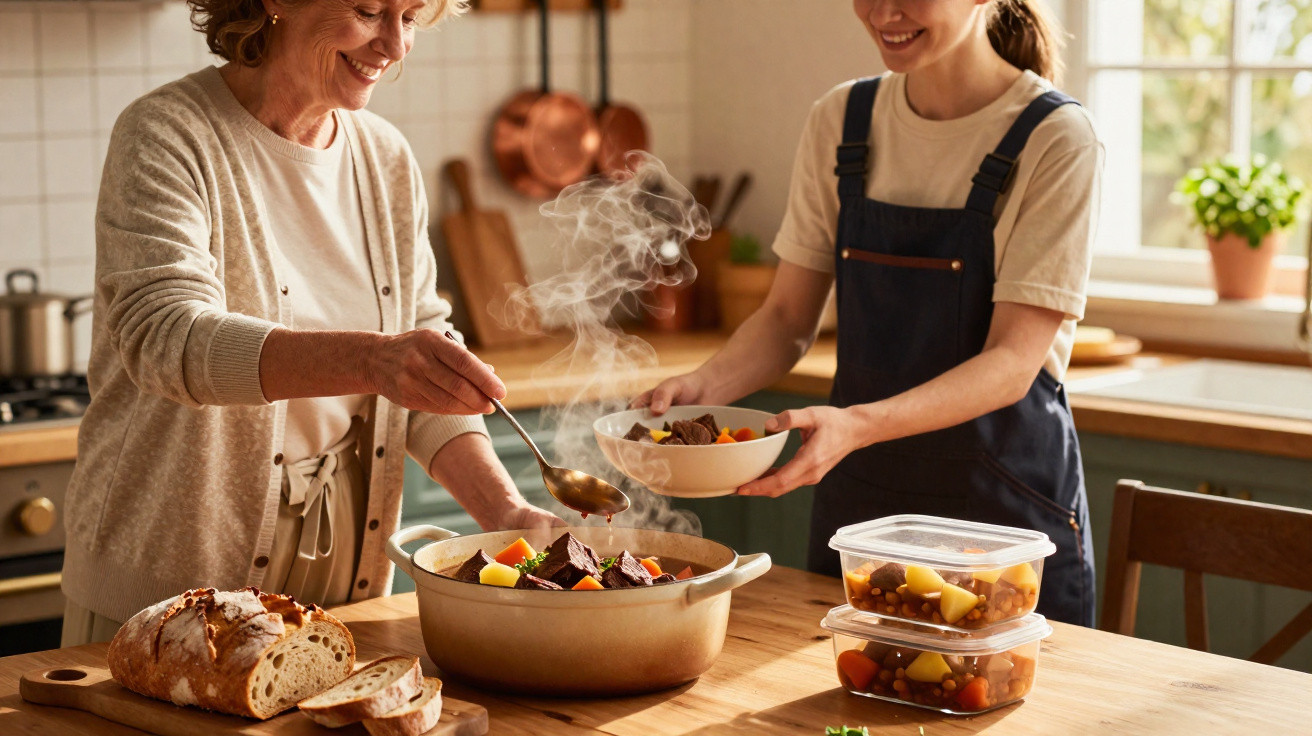 Mulher a servir sopa quente numa tigela na cozinha acolhedora com pão e recipientes de vidro na mesa.