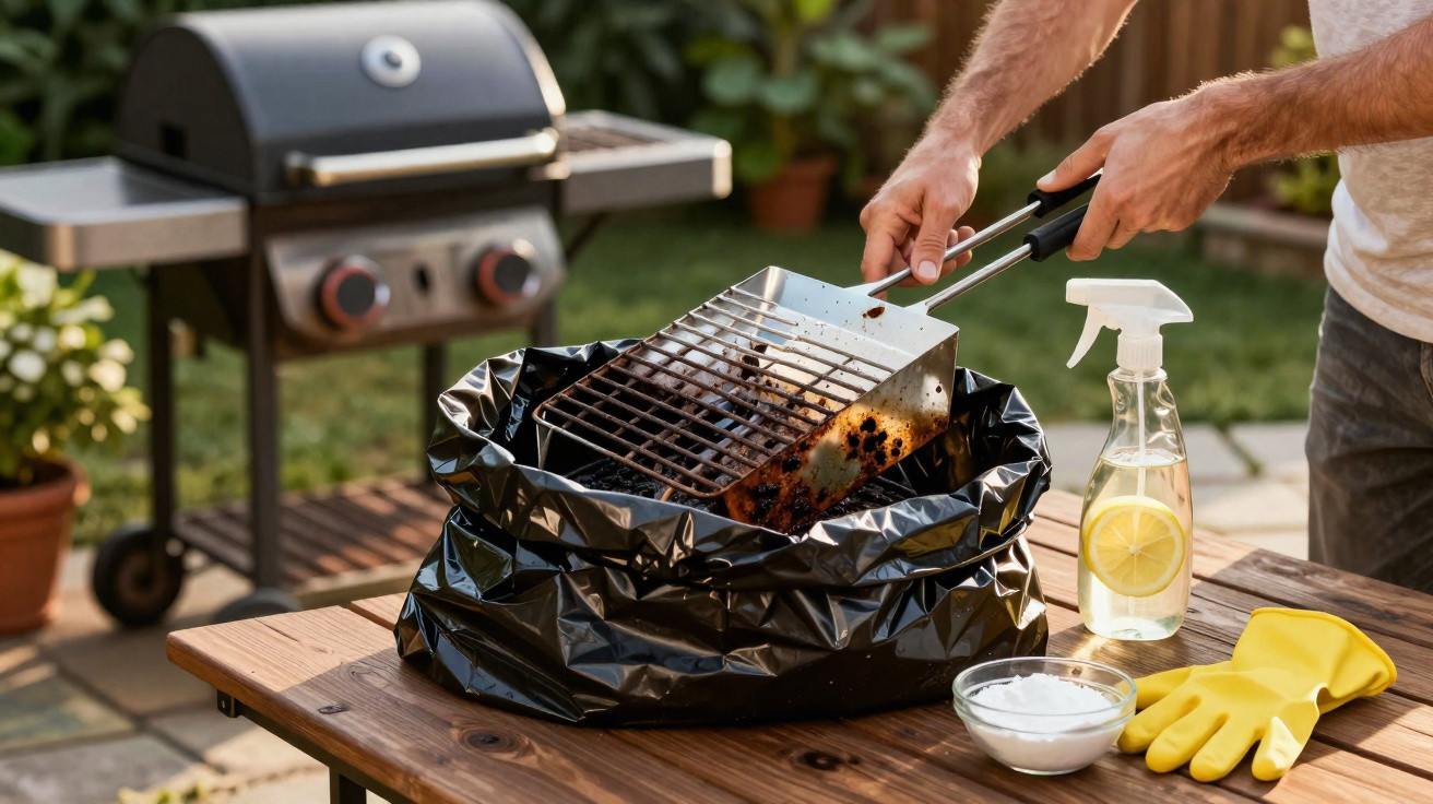 Pessoa a limpar uma grelha de barbecue com utensílios, perto de luvas, spray e recipiente com bicarbonato.
