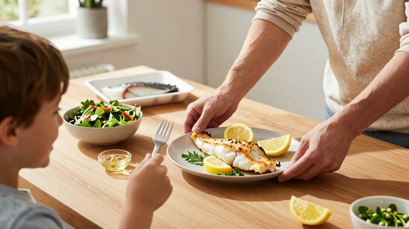 Pessoa a servir prato com peixe grelhado e limão para duas crianças numa mesa de madeira com salada.