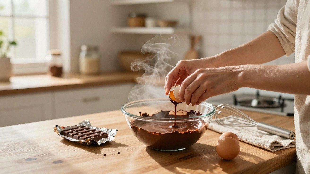 Mão a partir uma gema de ovo sobre taça com chocolate derretido na cozinha luminosa e moderna.
