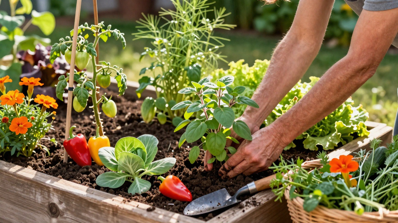 Mãos a plantar ervas aromáticas num canteiro de madeira com tomateiros, alface e pimenta vermelha.
