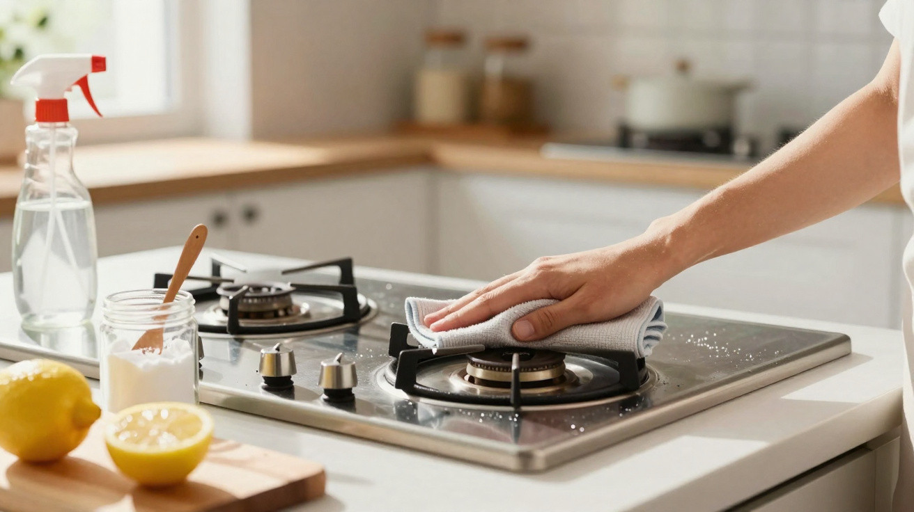 Pessoa a limpar um fogão a gás com um pano numa cozinha moderna e luminosa.