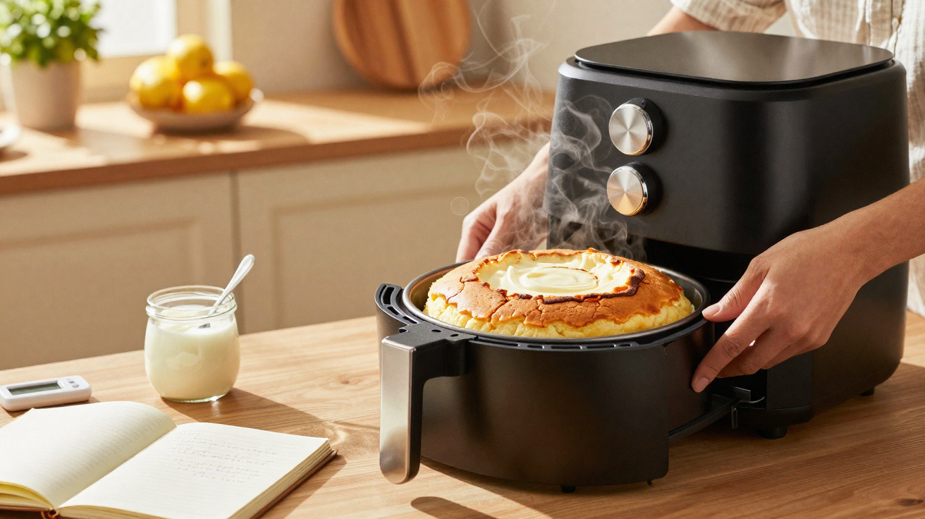 Pessoa a retirar bolo quente fumegante de fritadeira sem óleo preta numa cozinha iluminada natural.