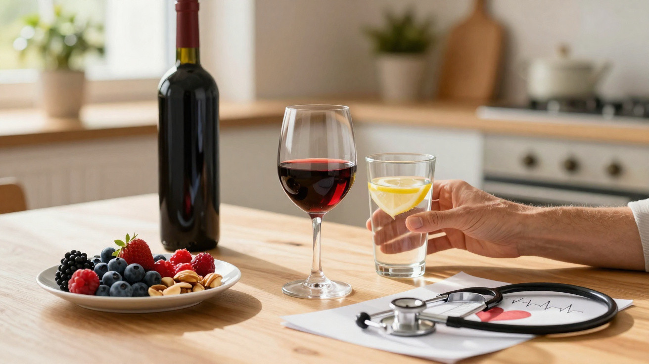 Mão a segurar copo de vinho tinto numa mesa com prato de frutos vermelhos, água com limão e estetoscópio.