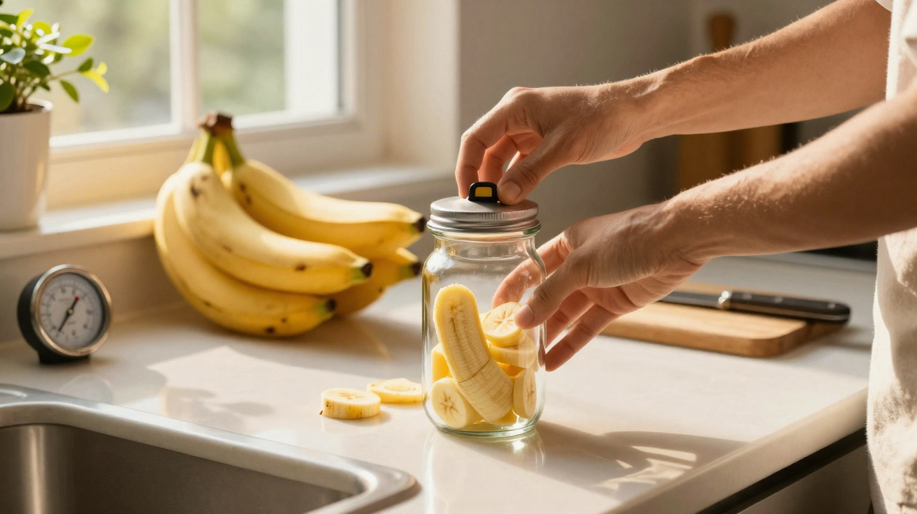 Mãos a colocar pedaços de banana numa jarra de vidro numa cozinha iluminada pela luz natural.