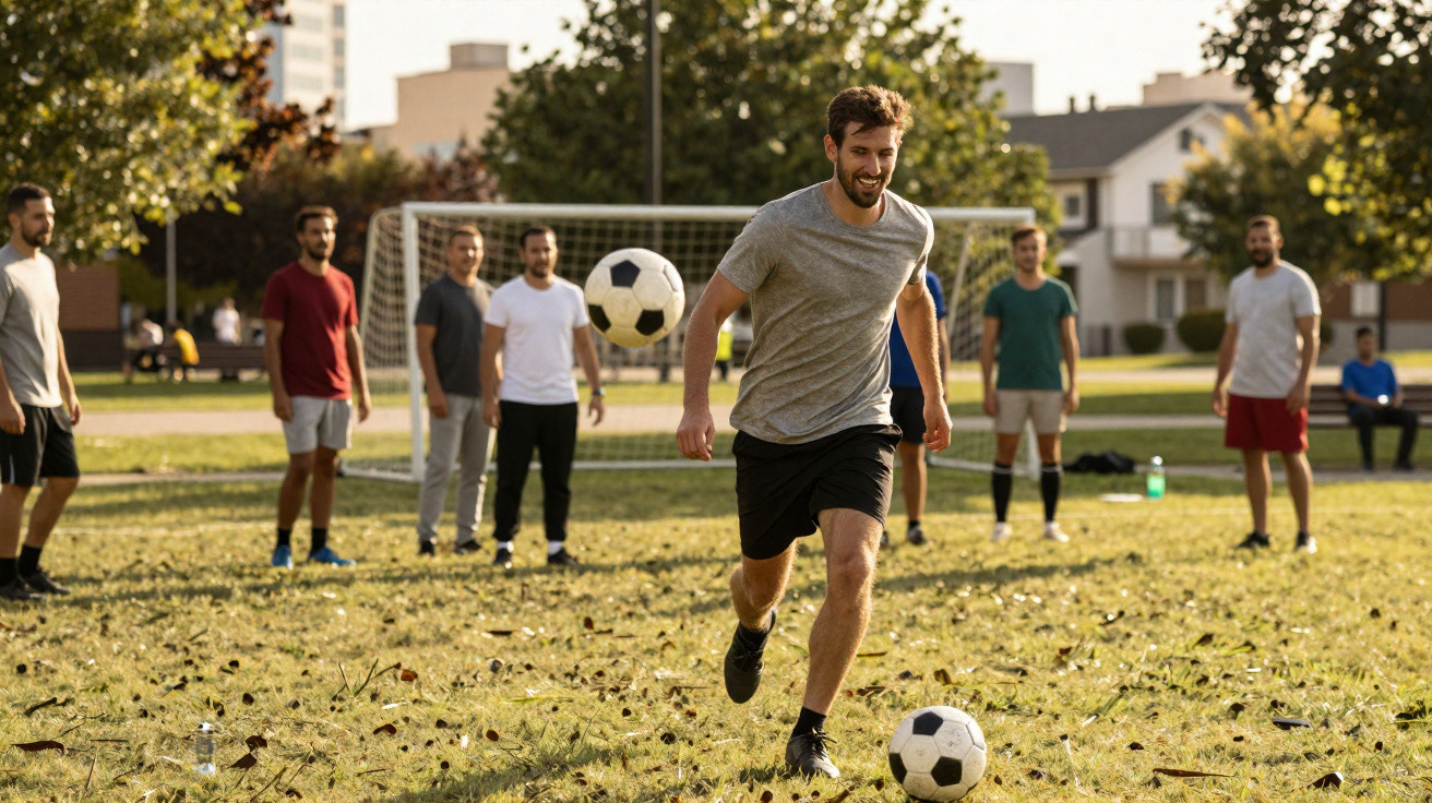 Jovens a jogar futebol num campo aberto com rede de baliza e árvores ao fundo num dia ensolarado.