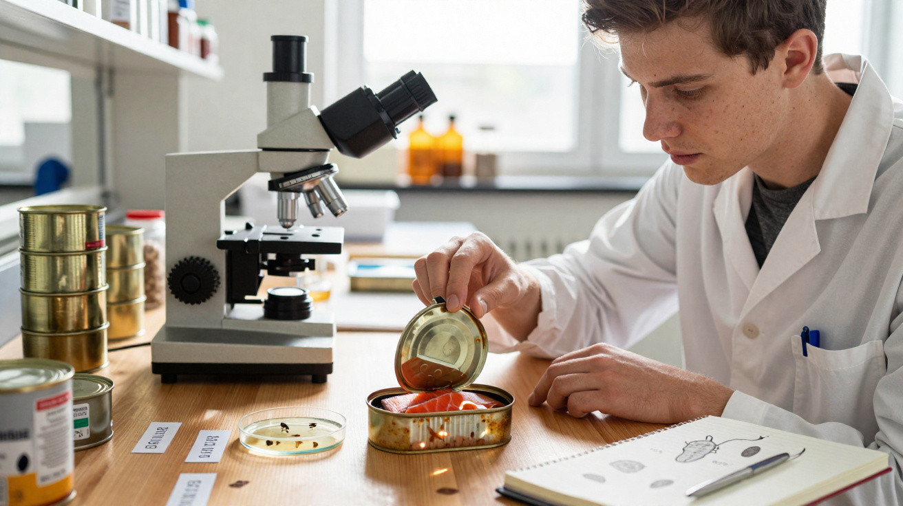 Cientista em bata branca a examinar uma lata de peixe junto a microscópio e caderno com desenhos de bactérias.