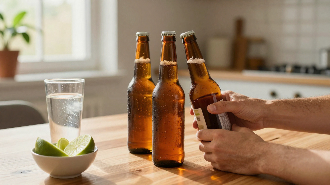 Mão a segurar garrafa de cerveja numa mesa de madeira com três garrafas, um copo de água e limão partido.