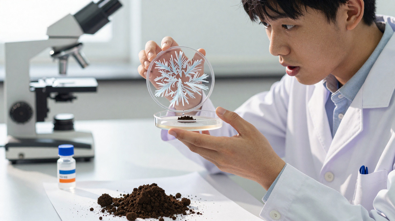 Cientista analisa placa de Petri com culturas em laboratório, mesa com amostra de solo e microscópio ao fundo.