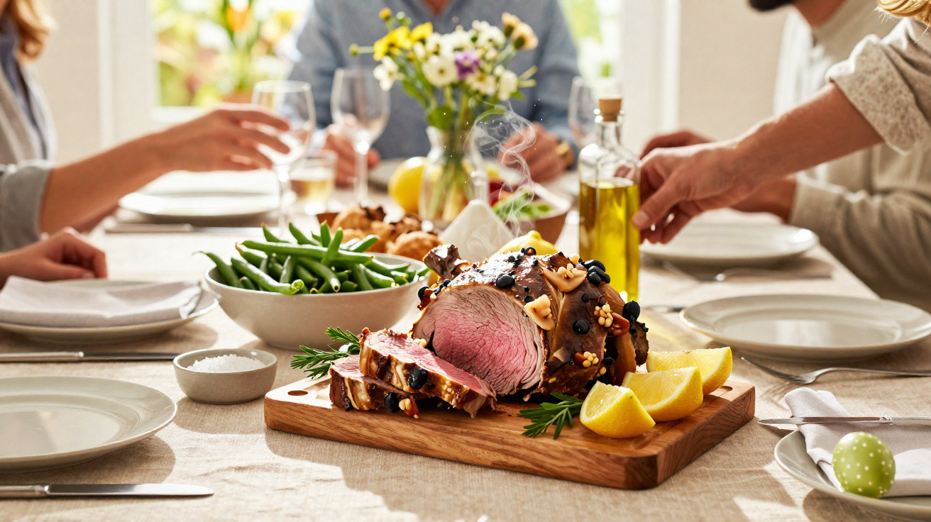 Mesa posta com prato de carne fatiada, feijão verde, limão e temperos, com pessoas a partilhar a refeição.