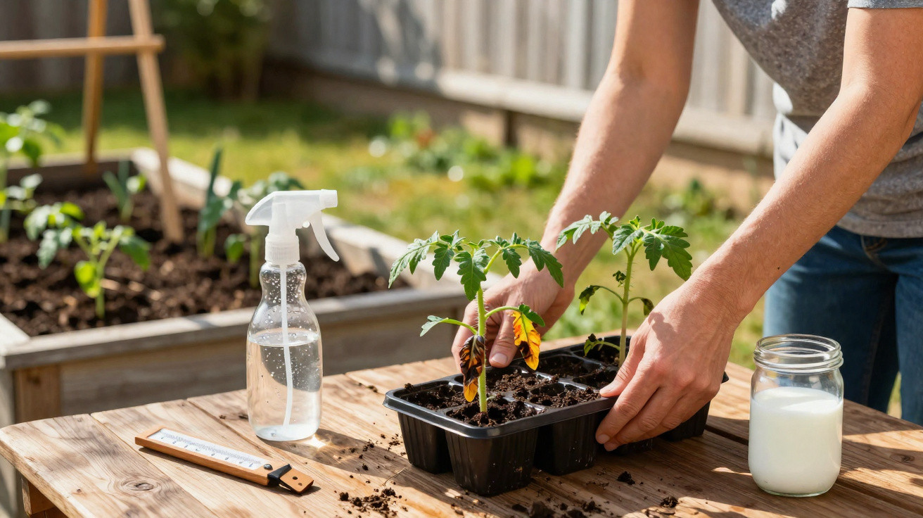 Pessoa a cuidar de plantas jovens num tabuleiro preto enquanto está ao ar livre numa mesa de madeira.