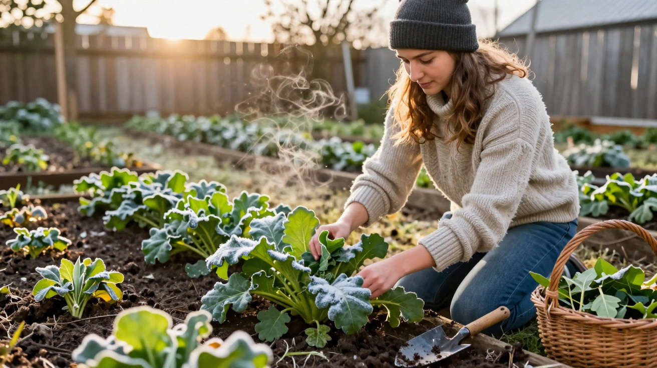 Mulher a colher vegetais com geada num jardim ao nascer do sol, vestindo camisola e gorro cinzento.