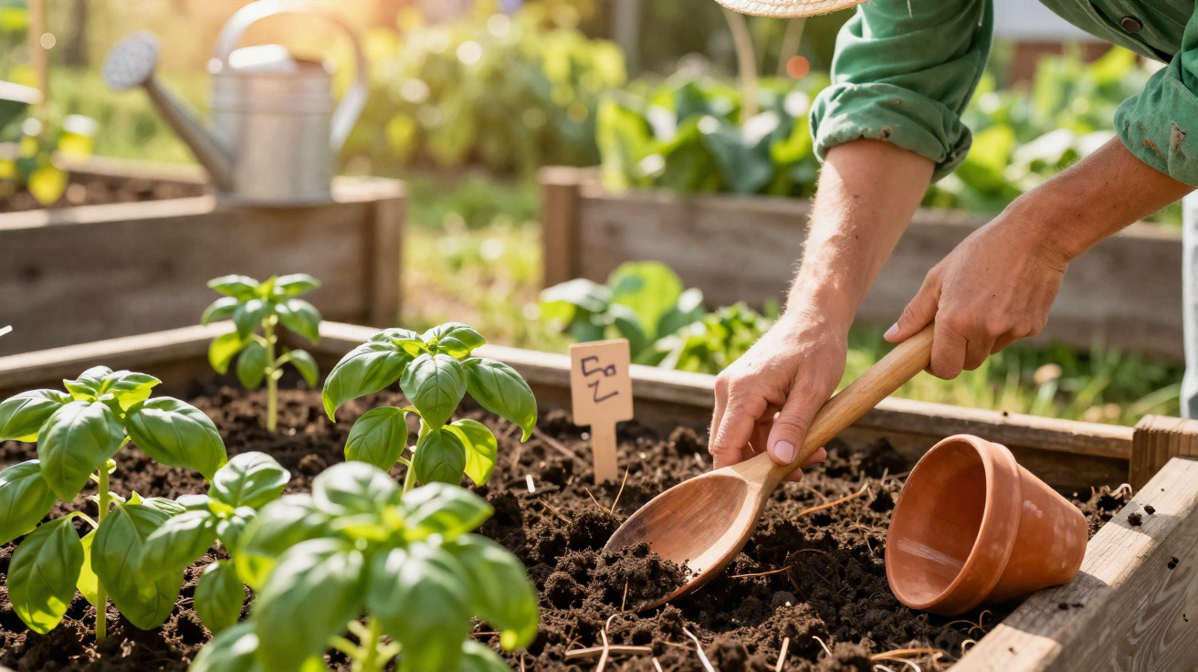 Pessoa a cultivar manjericão numa horta com colher de madeira e vaso de barro virado na terra.