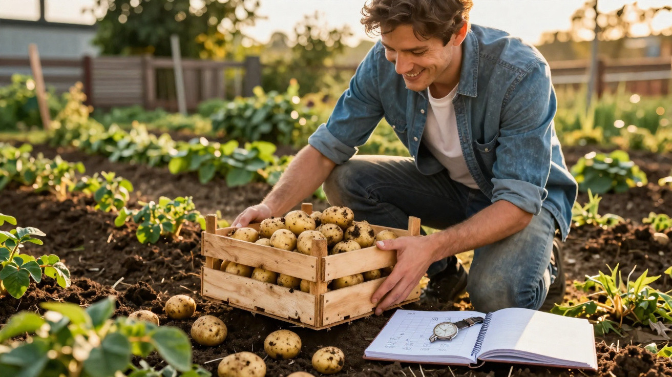 Homem a agachar numa horta a guardar batatas numa caixa de madeira com caderno aberto no chão.