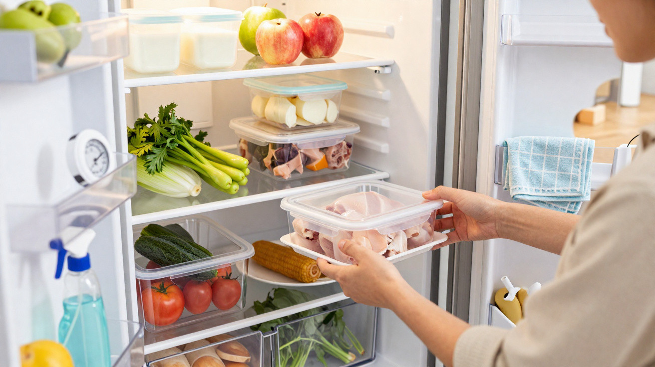 Pessoa a guardar frango cru num recipiente plástico dentro de frigorífico organizado com legumes, leite e frutas.