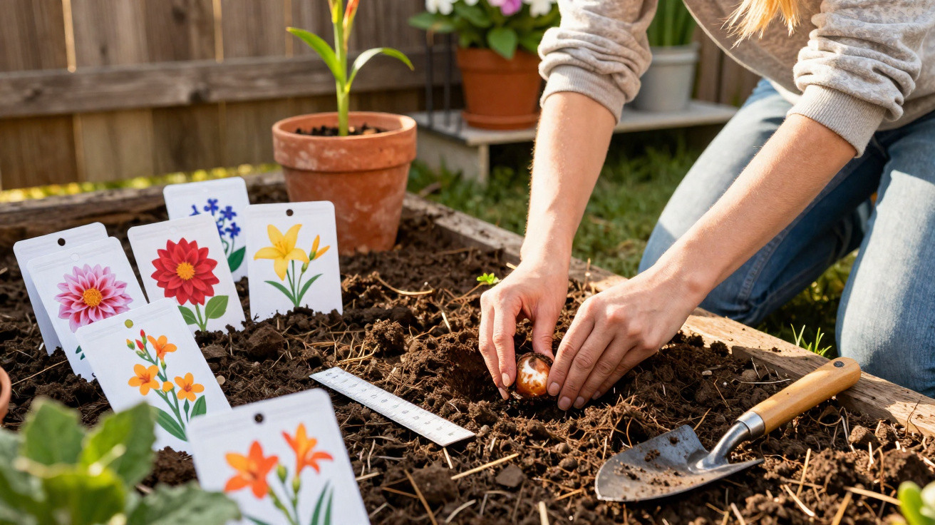 Pessoa a plantar um bolbo de flor em canteiro com cartões de flores e enxada ao lado.