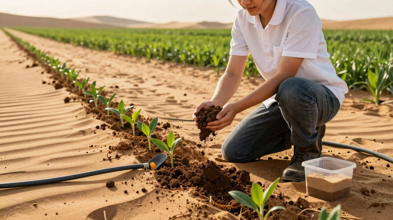 Pessoa a cultivar plantas jovens numa horta arenosa, com rega e um balde de composto ao lado.