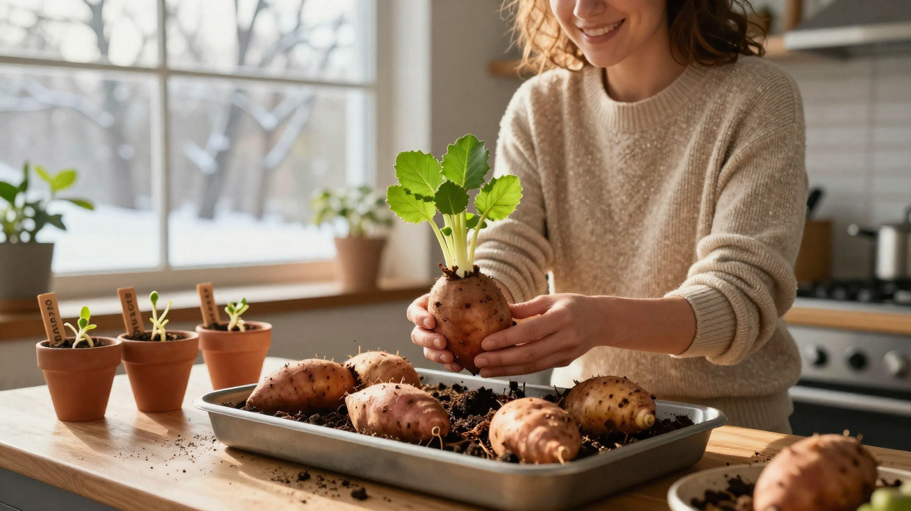 Mulher a plantar batata-doce com rebentos verdes num tabuleiro com terra dentro de casa.