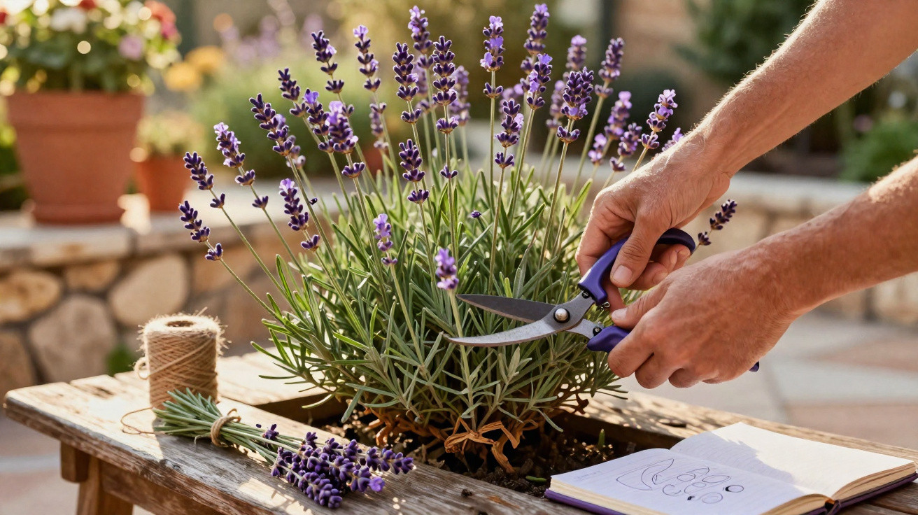 Pessoa a cortar flores de lavanda num jardim com tesoura de poda e caderno de desenhos ao lado