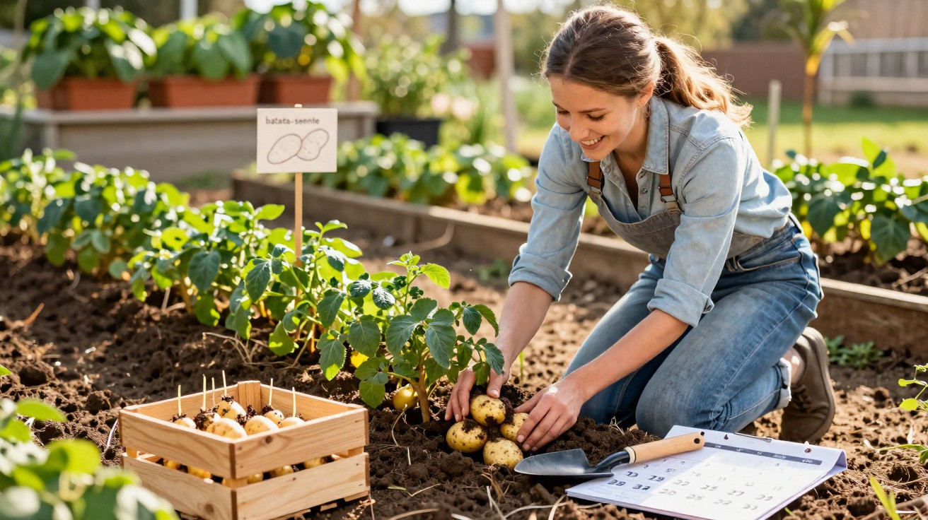 Mulher a colher batatas num jardim, rodeada de plantas e utensílios de jardinagem.