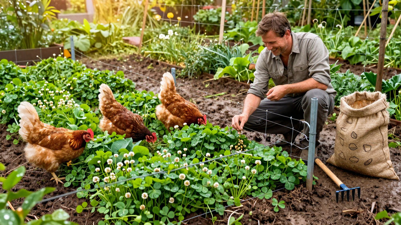 Homem a cuidar de plantas num jardim com galinhas a explorar o solo ao redor.