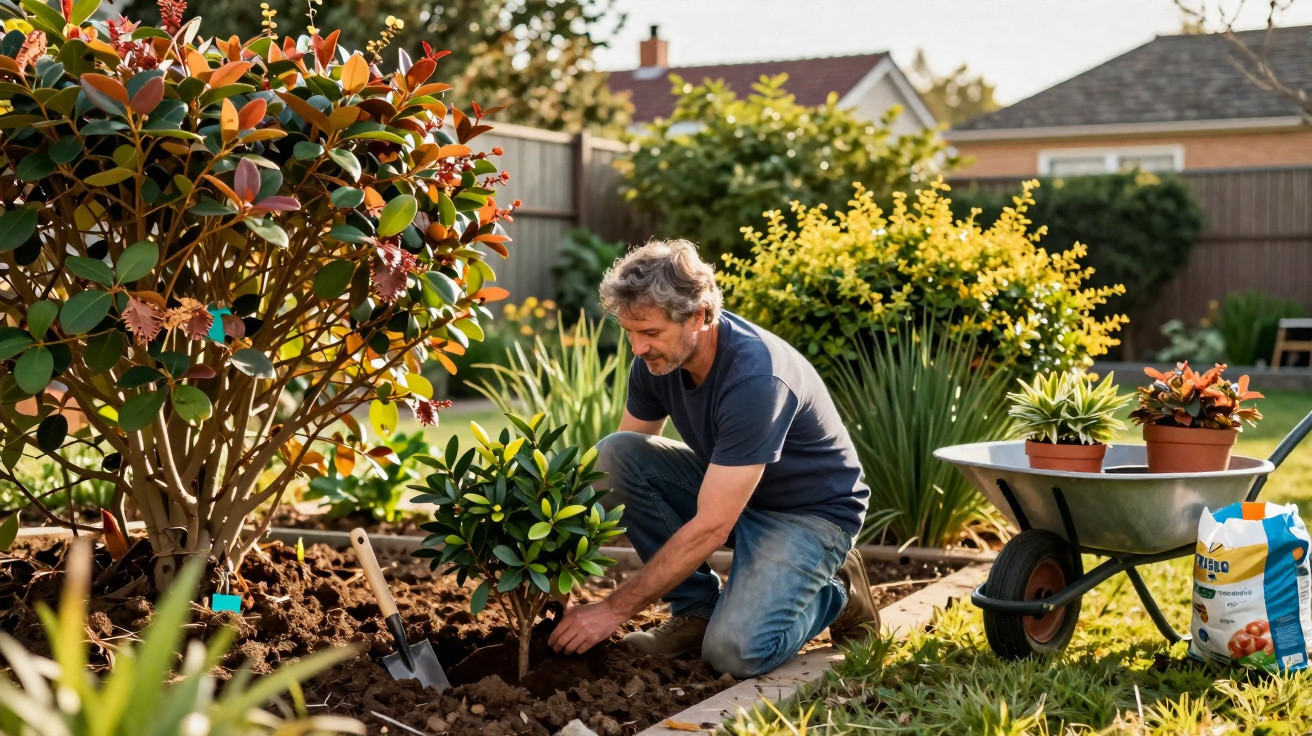 Homem a plantar uma árvore num jardim soalheiro com carrinho de mão e enxada ao lado.