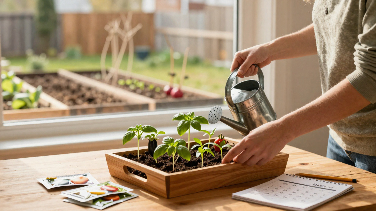 Pessoa a regar plantas jovens numa caixa de madeira num interior, ao lado de sementes e calendário.