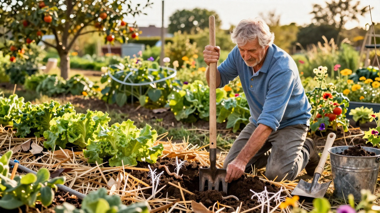 Homem sénior a cultivar terra numa horta rodeada de verduras e flores ao entardecer.