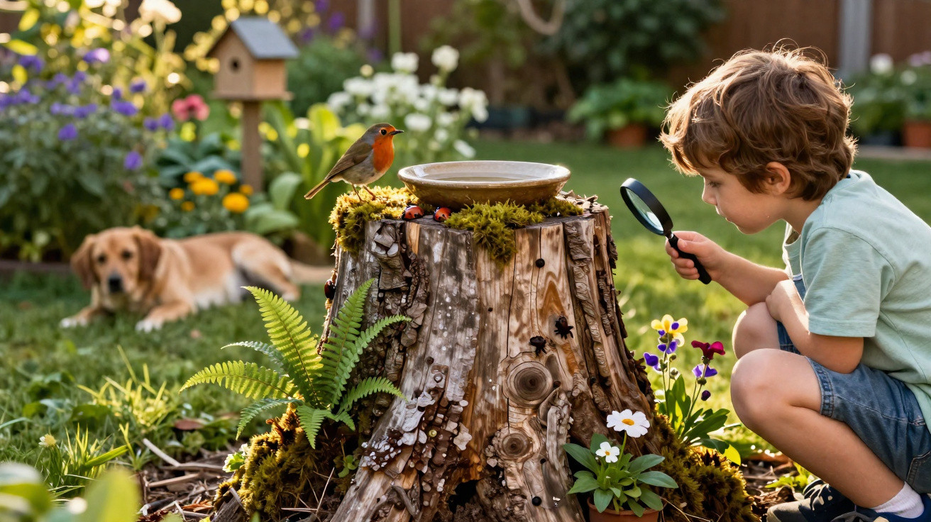 Criança observa insetos com lupa perto de um tronco com um pássaro, flores e um cão no jardim.
