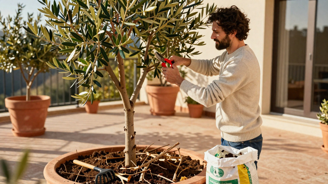 Pessoa a podar uma oliveira num jardim com sacos de adubo e ferramentas de jardim.