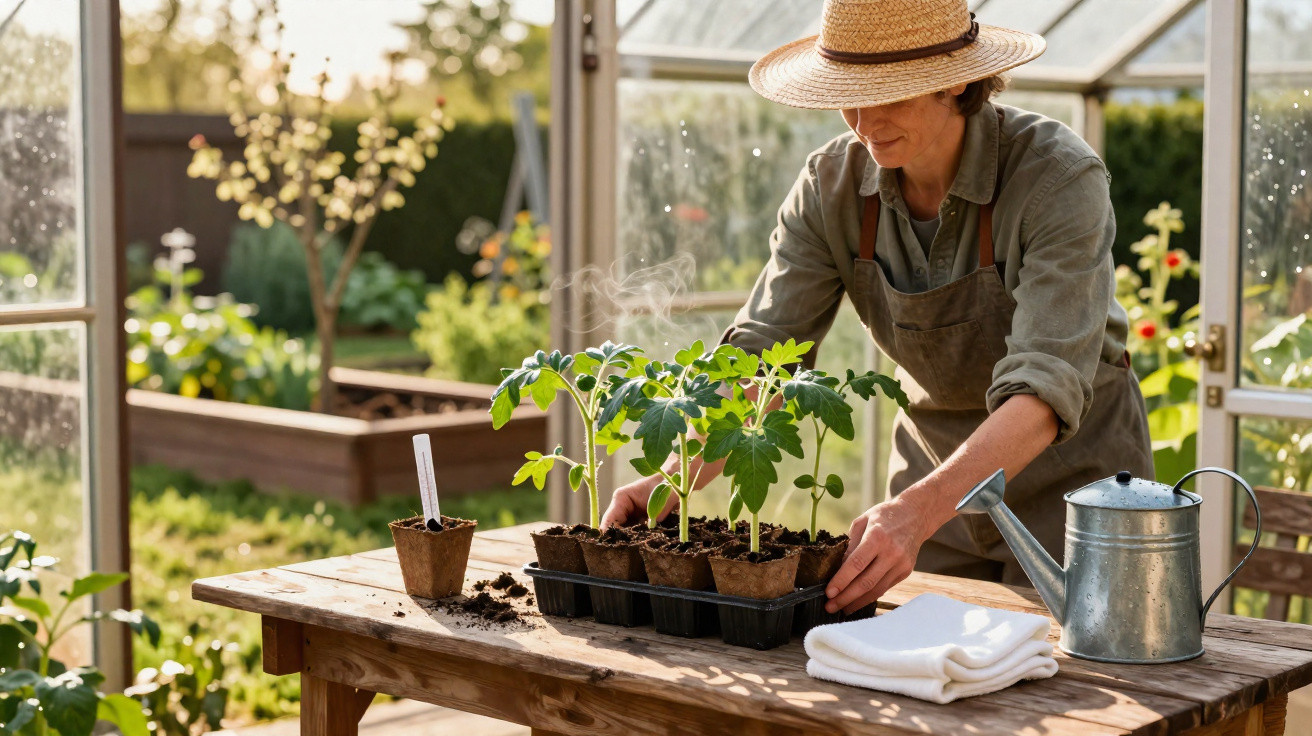 Homem com chapéu cuida de plantas jovens numa estufa com regador e toalha sobre a mesa de madeira.
