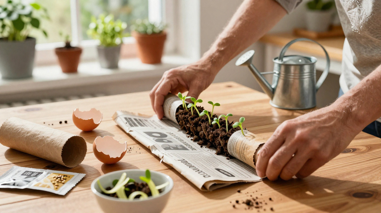 Mãos a cuidar de pequenas plantas germinadas em tubo de cartão com terra numa mesa junto a janela com regador metálico.