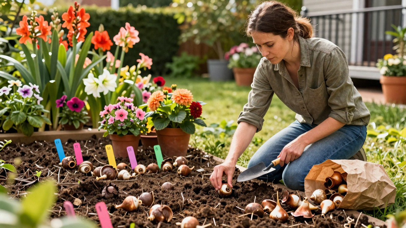 Mulher a plantar bolbos de flores num jardim, rodeada de vasos com flores coloridas.