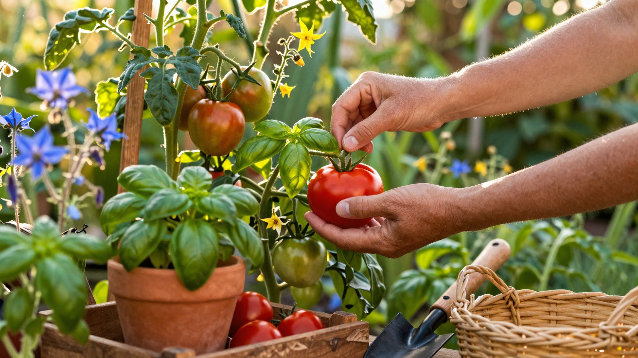 Mãos colhem tomate maduro num jardim com manjericão e ferramentas de jardinagem ao sol.