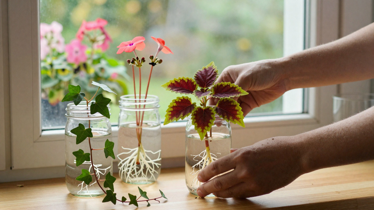 Mãos a cuidar de plantas em vasos de vidro com água, à luz natural junto a uma janela.