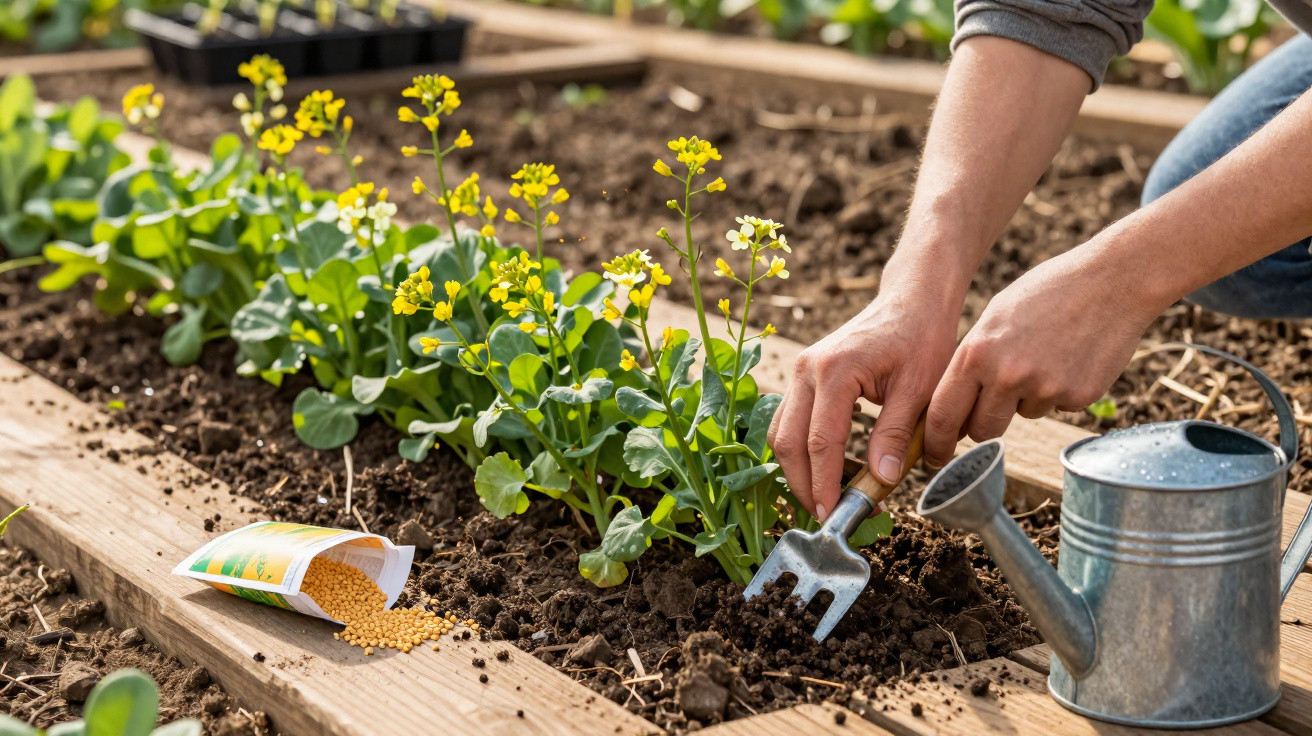 Pessoa a cuidar de plantas com flores amarelas num jardim, com regador de metal e sementes próximas.